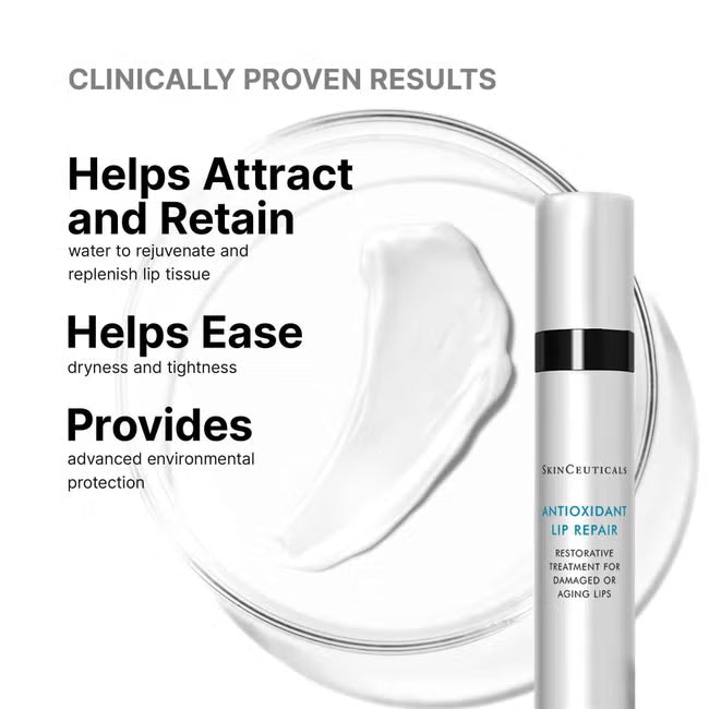 SkinCeuticals Antioxidant Lip Repair tube with white cream and clinically proven results text