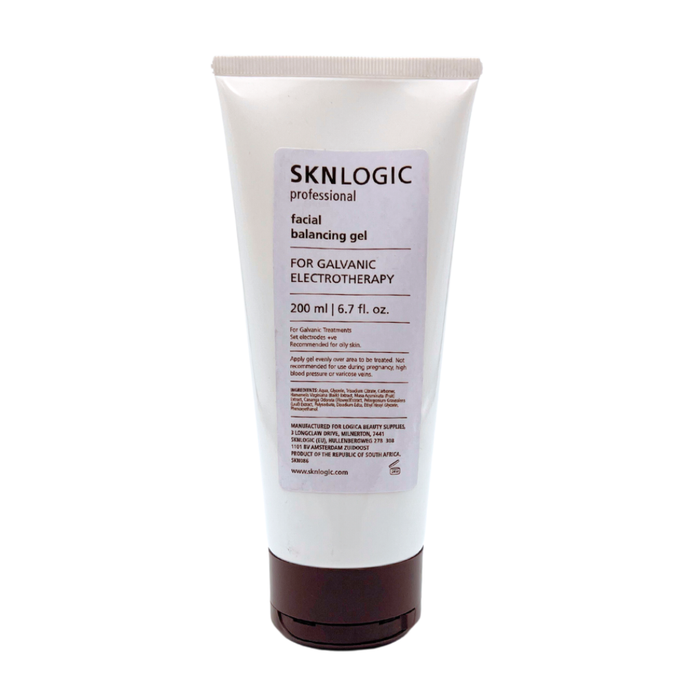 SKN038 Professional SKNLOGIC Galvanic Facial Balancing Gel 200ml | A 200 ml white squeeze tube of SKNLOGIC Professional Facial Balancing Gel for Galvanic Electrotherapy, featuring a dark brown cap and a white label with black text.