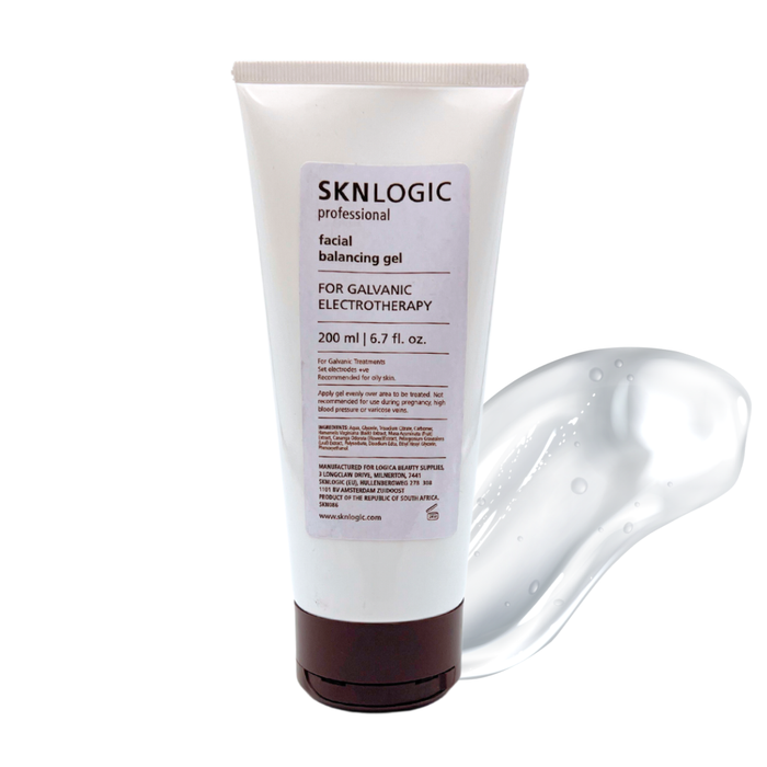 SKN046S Professional SKNLOGIC Galvanic Facial Balancing Gel 200ml | A 200 ml squeeze tube of SKNLOGIC Professional Facial Balancing Gel for Galvanic Electrotherapy, shown next to a clear gel smear on a white background.