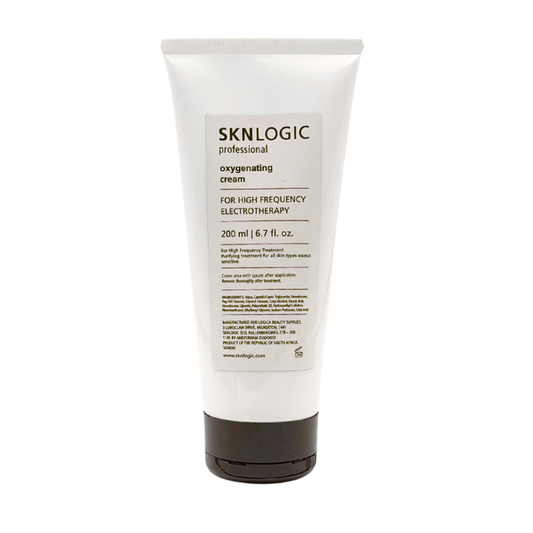 SKN036 Professional SKNLOGIC Oxygenation Gel 200ml for us with High Frequency | A 200 ml white squeeze tube of SKNLOGIC Professional Oxygenating Cream for High Frequency Electrotherapy, featuring a white label and a dark brown cap, set against a plain white background.