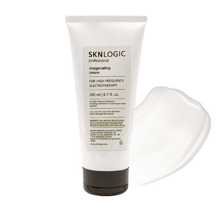 SKN036 Professional SKNLOGIC Oxygenation Gel 200ml for us with High Frequency | .A white squeeze tube of SKNLOGIC professional oxygenating cream with a dark cap, shown on a white background with a white smear of the cream to the right.