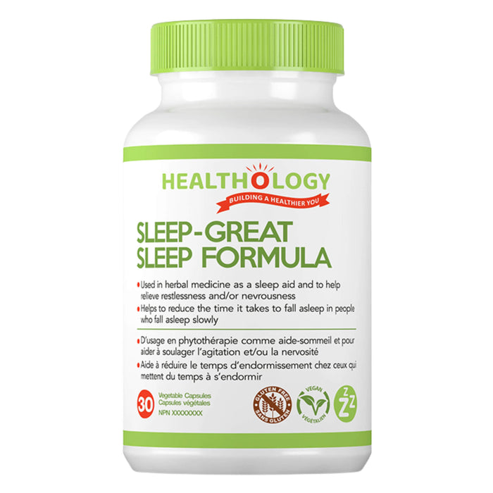 Bottle of Healthology Sleep-Great Sleep Fomrula 30 Vegetable Capsules