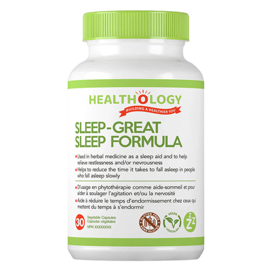 Bottle of Healthology Sleep-Great Sleep Fomrula 30 Vegetable Capsules