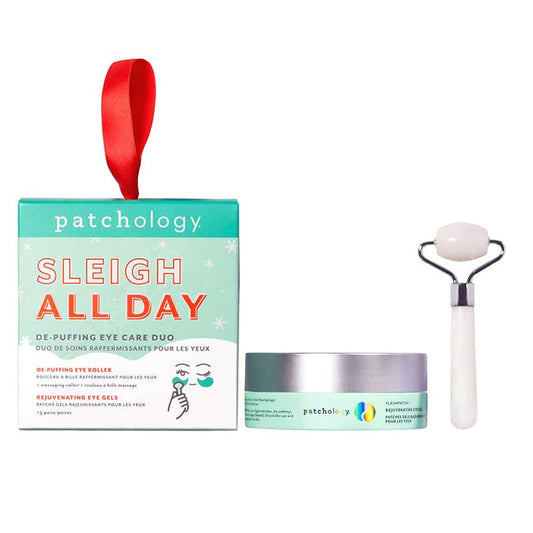 Patchology Sleigh All Day holiday set featuring an eye roller and rejuvenating eye gels for a depuffing skincare routine