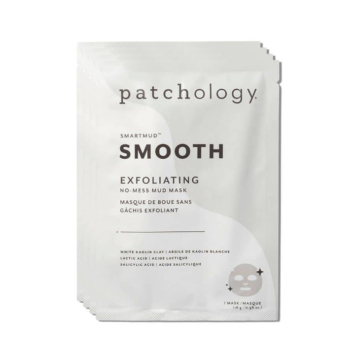 Patchology SmartMud Smooth exfoliating mud mask packets stacked with white kaolin clay for gentle exfoliating skincare