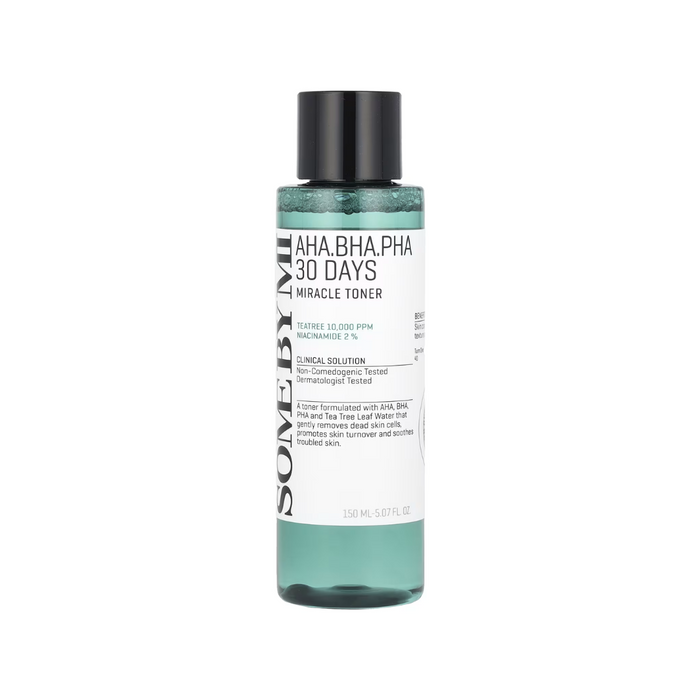 SOME BY MI AHA-BHA-PHA 30Days Miracle Toner is a multi-tasking toner formulated to exfoliate, brighten, and soothe the skin. Enriched with 10,000 ppm Tea Tree Leaf Water and 2% Niacinamide, it helps control excess oil, reduce the appearance of pores, and improve uneven skin tone. AHA, BHA, and PHA gently exfoliate dead skin cells, promoting a smoother, clearer complexion, while soothing ingredients like Allantoin and Sodium Hyaluronate hydrate and calm the skin. Ideal for oily, combination, and