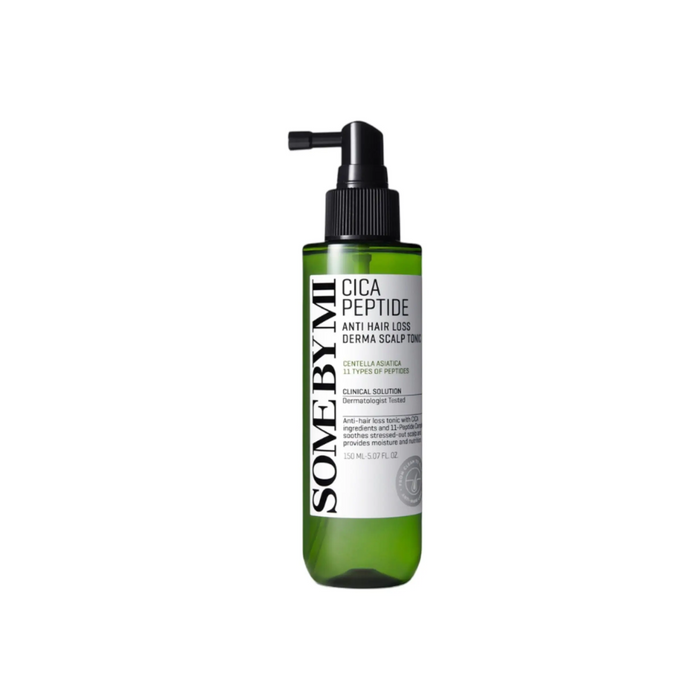 SOME BY MI Cica Peptide Anti Hair Loss Derma Scalp Tonic is a revitalizing scalp treatment designed to combat hair loss and promote healthier hair growth. Infused with a blend of Cica (Centella Asiatica) and multiple peptides, this tonic helps to strengthen hair follicles, soothe the scalp, and improve overall scalp health. Enriched with natural extracts like Peppermint, Green Tea, and Houttuynia Cordata, it provides a refreshing sensation while nourishing the scalp. Ideal for those experiencing