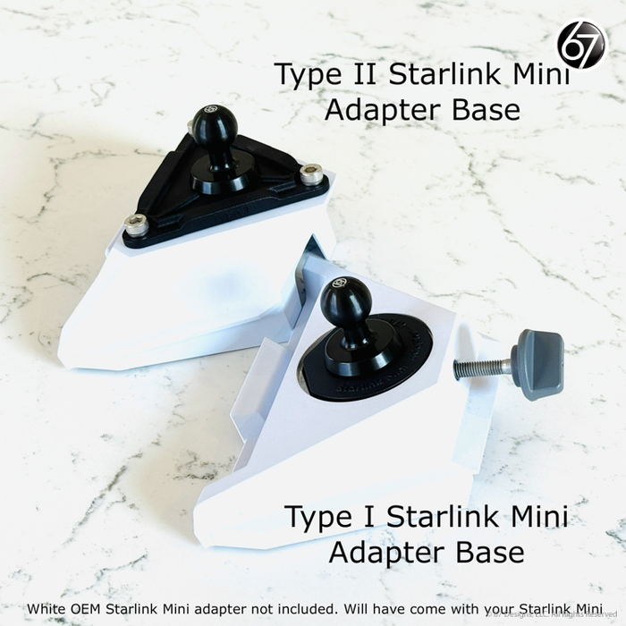Two Starlink Mini adapter bases on a marble surface with text indicating type and branding.