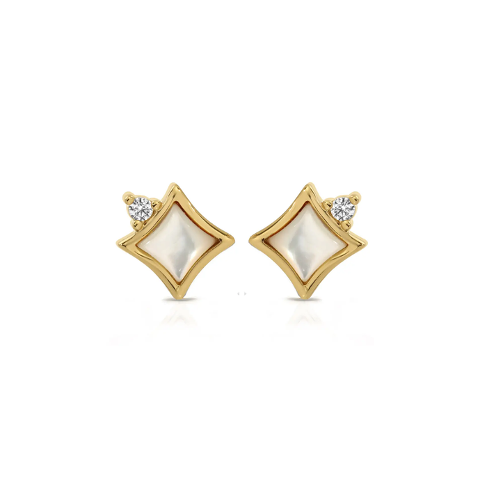 Gold-tone square stud earrings with white mother-of-pearl center and clear accents