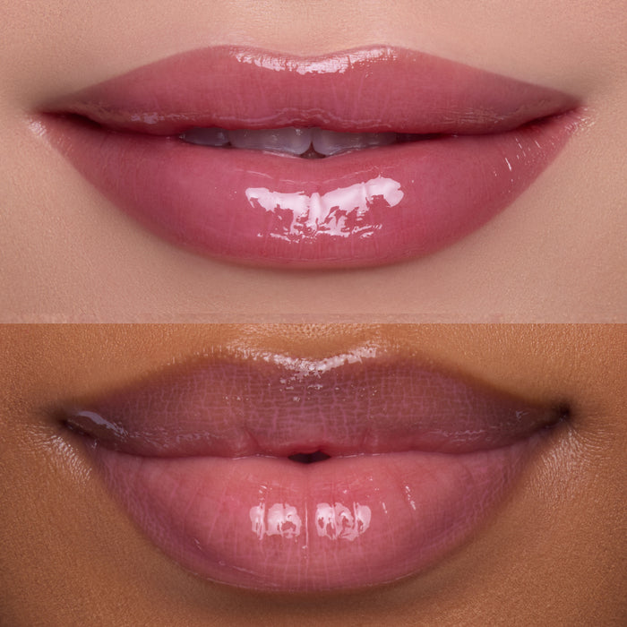 Two close-up shots of glossy, pink lips wearing the Heart to Get Text Me, JK blush + UGL set, showing how the sheer, high-shine lip color flatters different skin tones in a beauty product grid for US makeup shoppers.