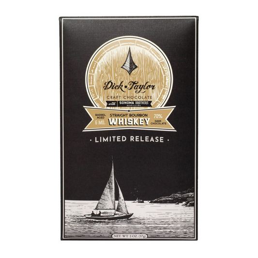 Limited release dark chocolate gift box with Dick Taylor seal and bourbon whiskey label