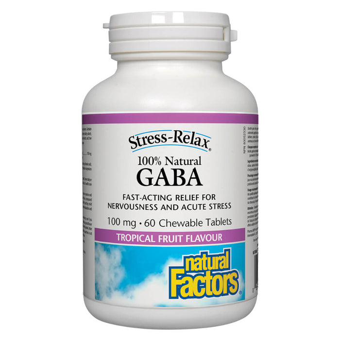 Bottle of Natural Factors Stress-Relax® 100% Natural GABA 100 mg Tropical Fruit Flavour 60 Chewable Tablets