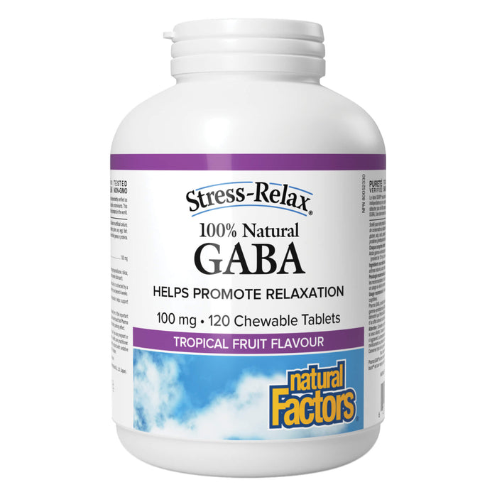 Bottle of Natural Factors Stress-Relax® 100% Natural GABA 100 mg Tropical Fruit Flavour 120 Chewable Tablets