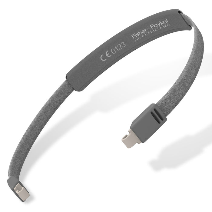 Gray headband with electronic components on a white background, featuring the Fisher Paykel Healthcare logo.