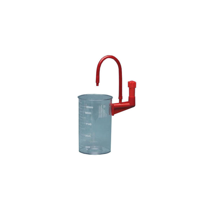 A graduated cylinder receives water via a small, attached red siphon. The setup is isolated on a white background.