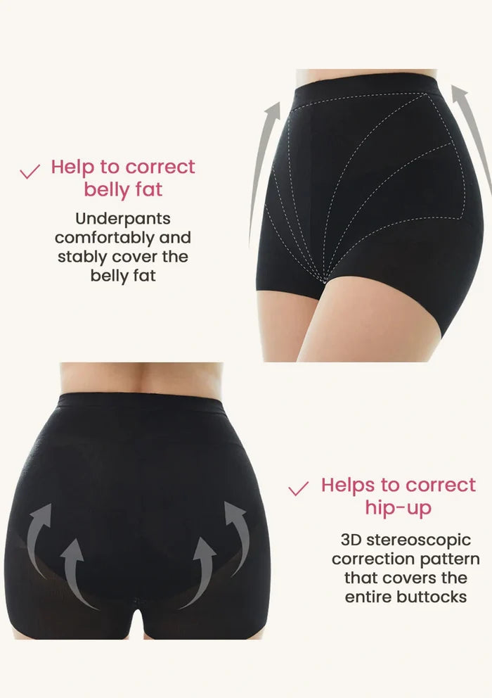 Black underpants with text highlighting features on a white background