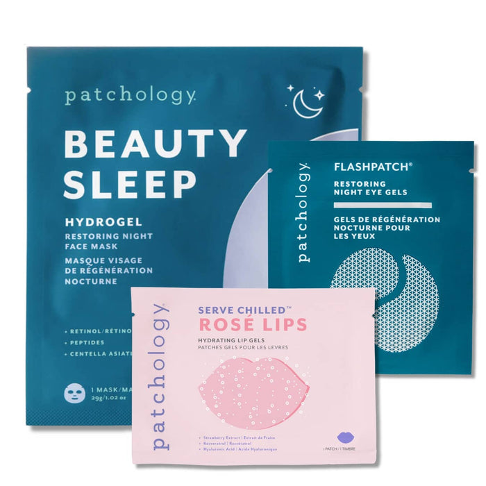 Patchology beauty products including 'Beauty Sleep' hydrogel mask, 'Flashpatch' eye gels, and 'Serve Chilled Rose Lips' lip gel on a white background.