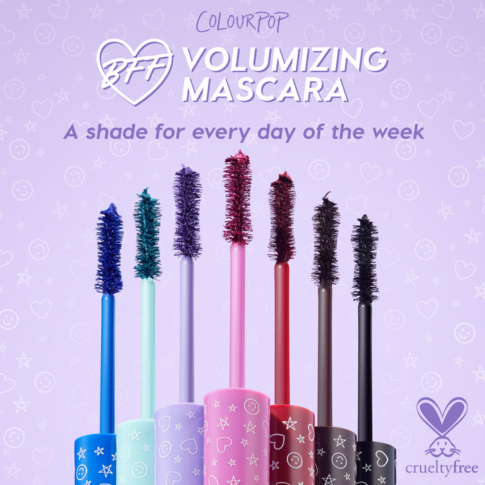 ColourPop BFF Mascara wands in multiple bold shades lined up on a lavender background with hearts and stars, highlighting the Brownie Points brown mascara as a cruelty-free volumizing Colourpop mascara option for everyday wear.