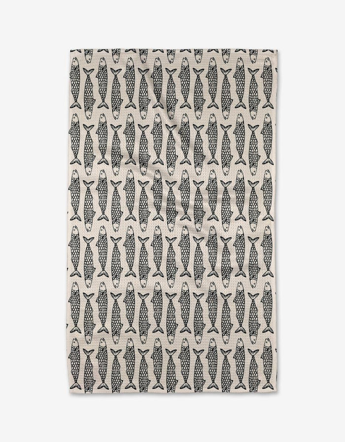 Fish friends tea towel with repeating black and white fish pattern