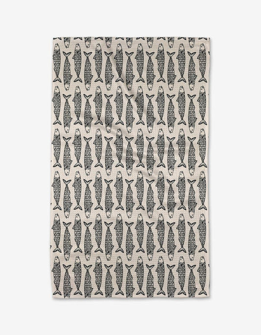 Fish friends tea towel with repeating black and white fish pattern