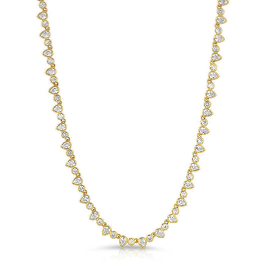 Gold tennis necklace with clear teardrop and round stones
