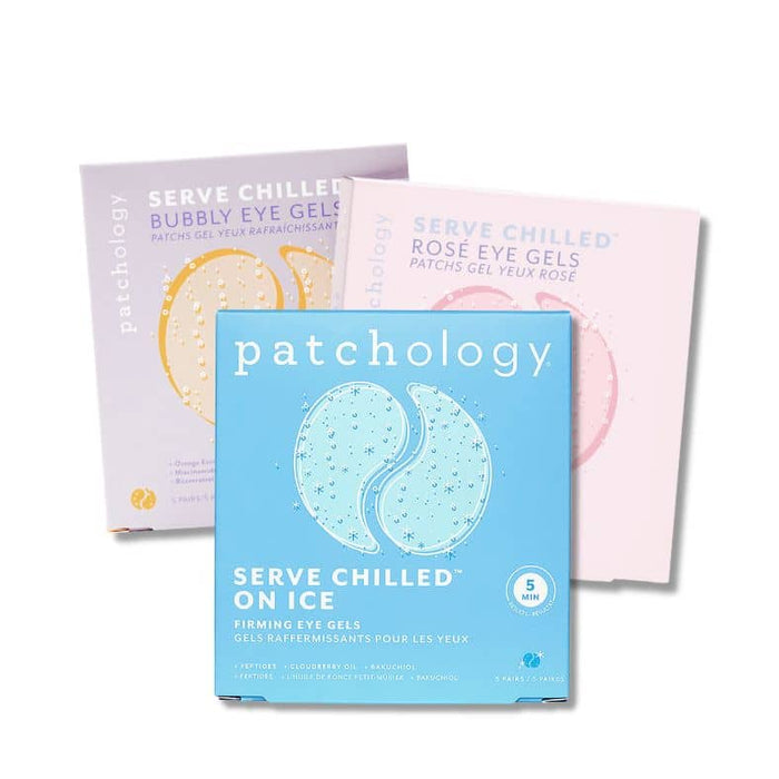 Cooling under eye masks collection featuring On Ice, Rosé, and Bubbly variants, highlighting refreshing and firming under-eye treatments