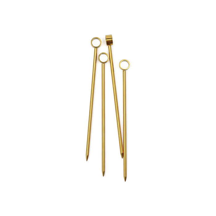 Set of 4 gold cocktail picks with circular loops on slender stems