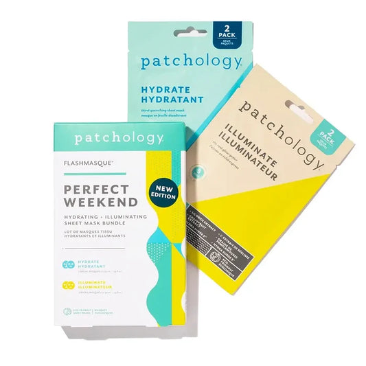 Patchology Perfect Weekend sheet mask bundle with Hydrate and Illuminate 2-pack masks, hydrating and brightening skincare set