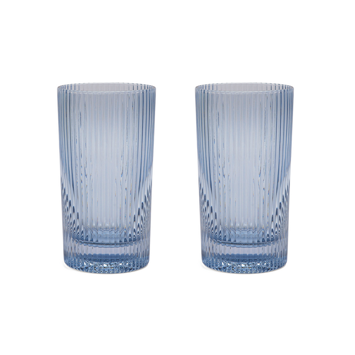 Set of 2 blue ribbed highball glasses with vertical ridges and round base