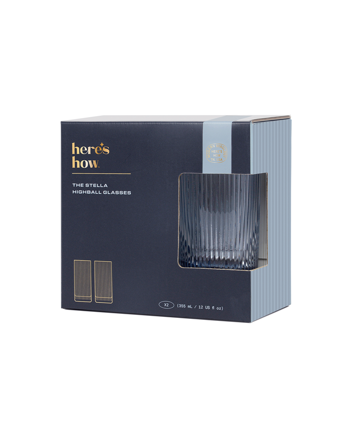 Highball glass set box showing two blue striped glasses with ridged sides