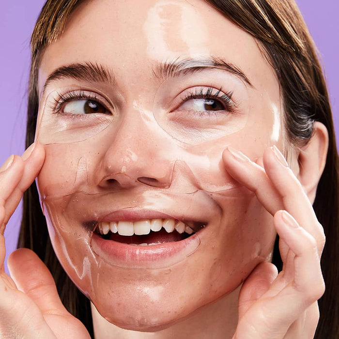 woman wearing bubbly hydrogel mask