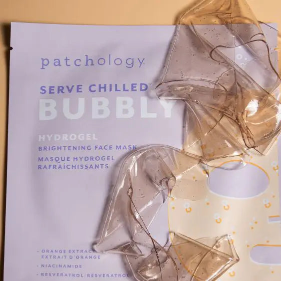 Patchology Serve Chilled Bubbly hydrogel face mask with clear gel pieces for brightening skincare treatment