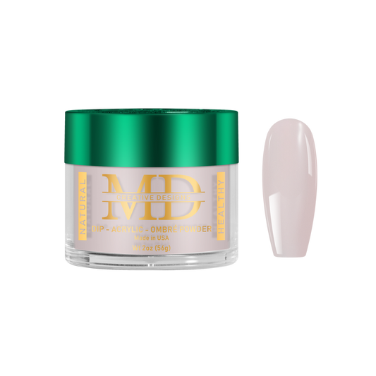 Jar of MD powder with a green lid and gold text, next to a light pink nail tip color swatch on a white background.