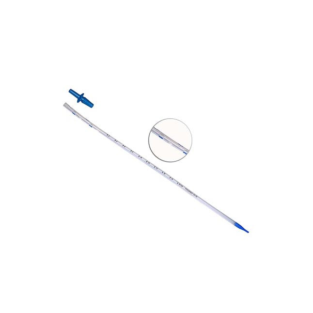 A long, slender, transparent tube with blue markings and a small blue connector lies horizontally against a white background.
