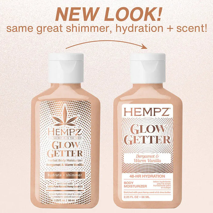 Two bottles of Hempz Glow Getter body moisturizer on a light pink background with text about new look and product features.