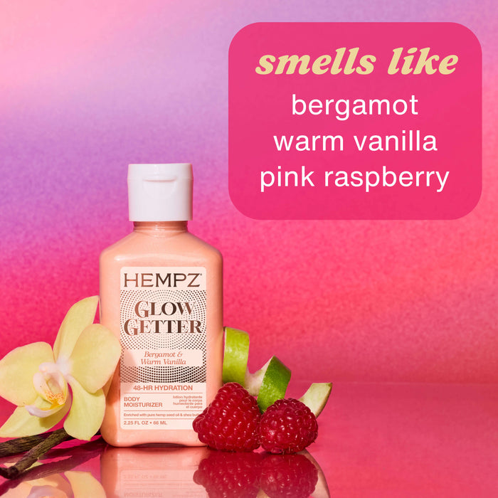 Hempz Glow Getter bottle with ingredients and fragrance description on a colorful background