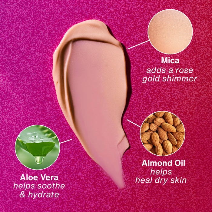 Cosmetic product with ingredients labeled on a pink background