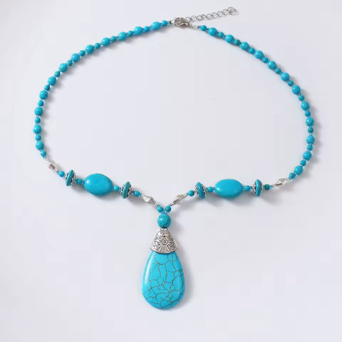Turquoise Blue Beaded Layering Statement Sweater Chain Necklace with Silver Accents