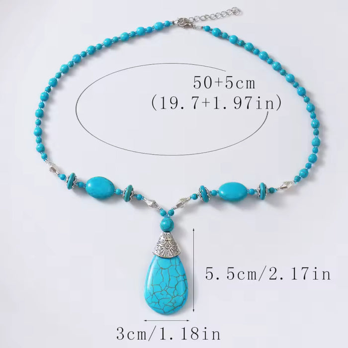 Turquoise Blue Beaded Layering Statement Sweater Chain Necklace with Silver Accents