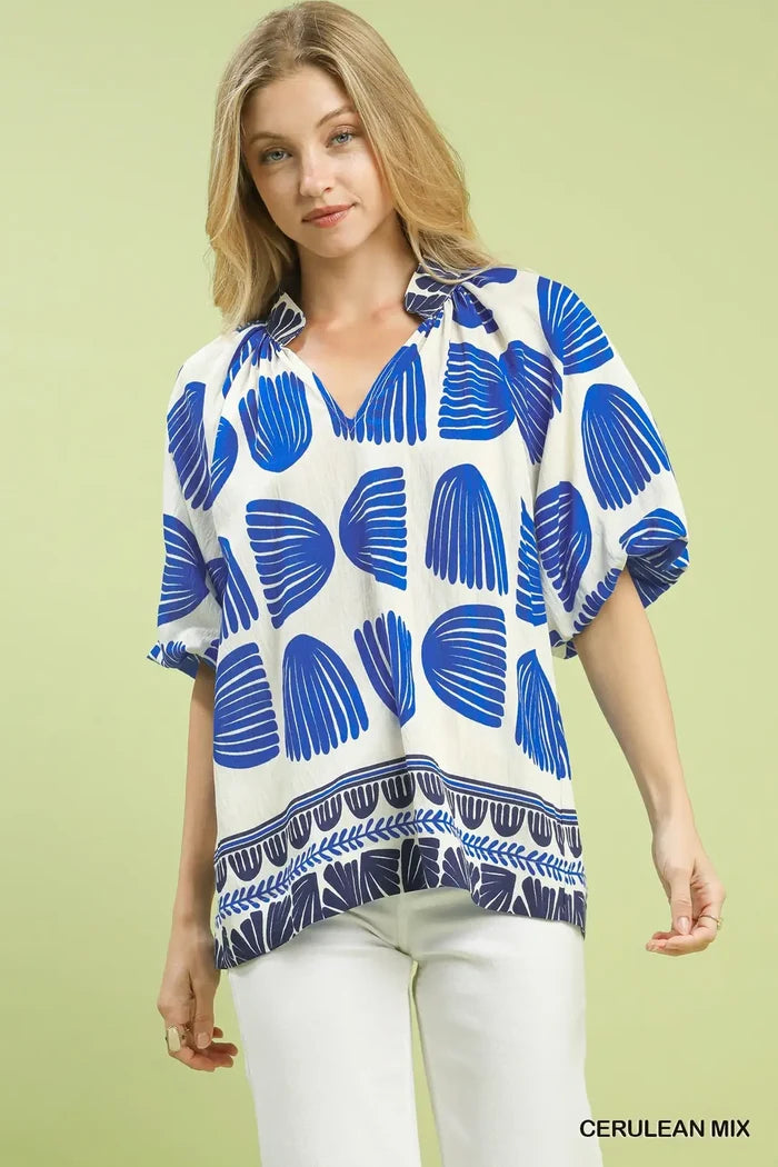 Umgee Shell Block Border Print Blouse