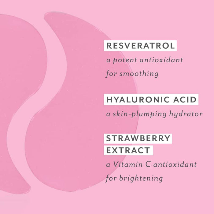 Pink background with text about resveratrol, hyaluronic acid, and strawberry extract on a pink background