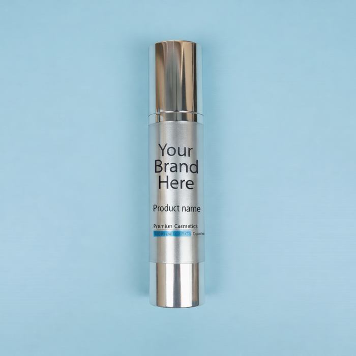 Skincare serum bottle with customizable label on a light blue background