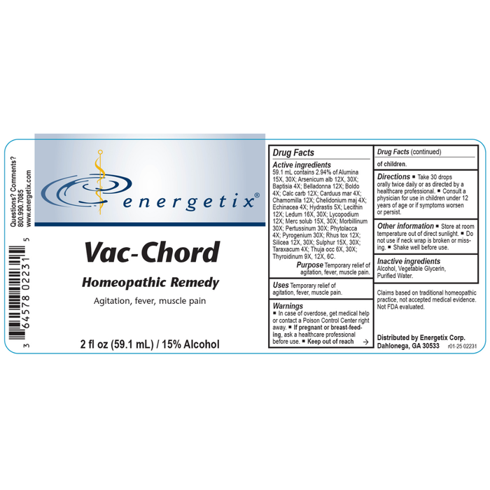 Vac-Chord is a homeopathic combination formula for symptoms which may appear after inoculation. The symptoms may be acute or long-standing.