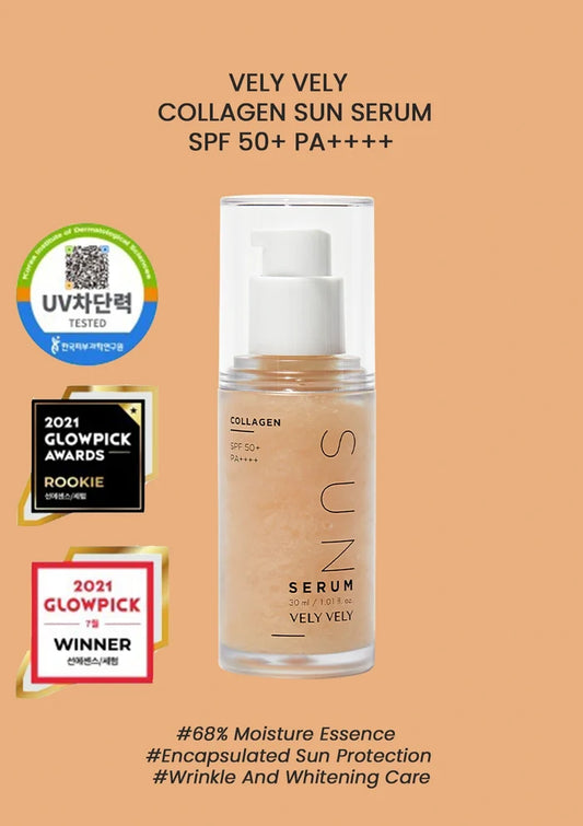 Vely Vely Collagen Sun Serum bottle with awards on a beige background