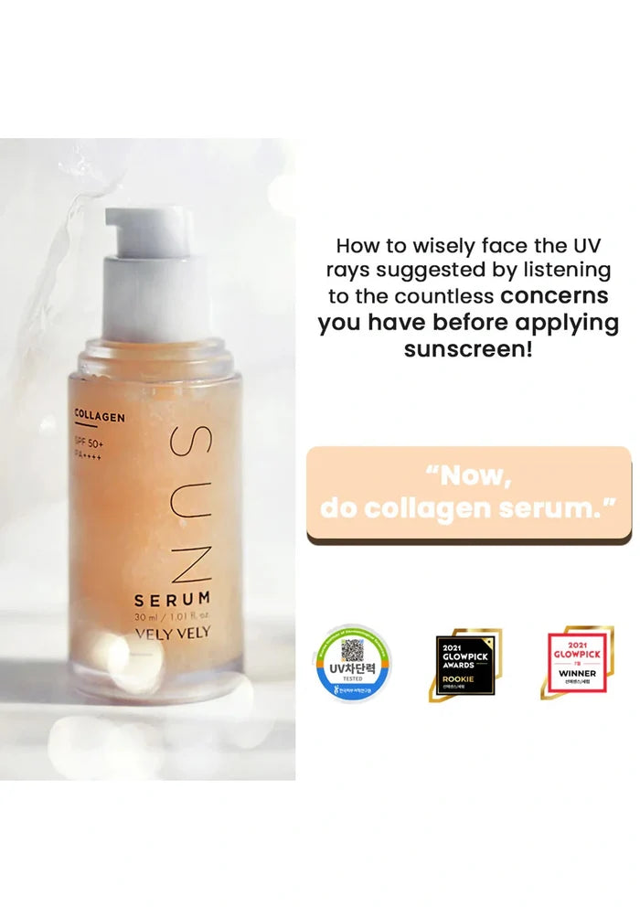 Collagen serum bottle with text on a white background