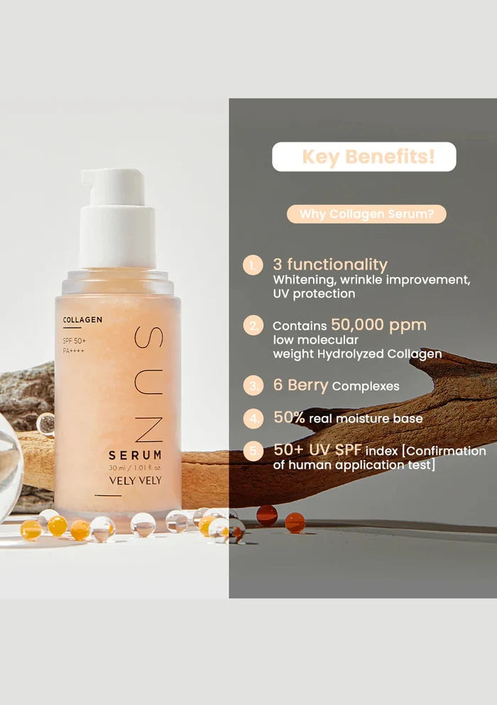 SUN Serum bottle with key benefits text on a light gray background
