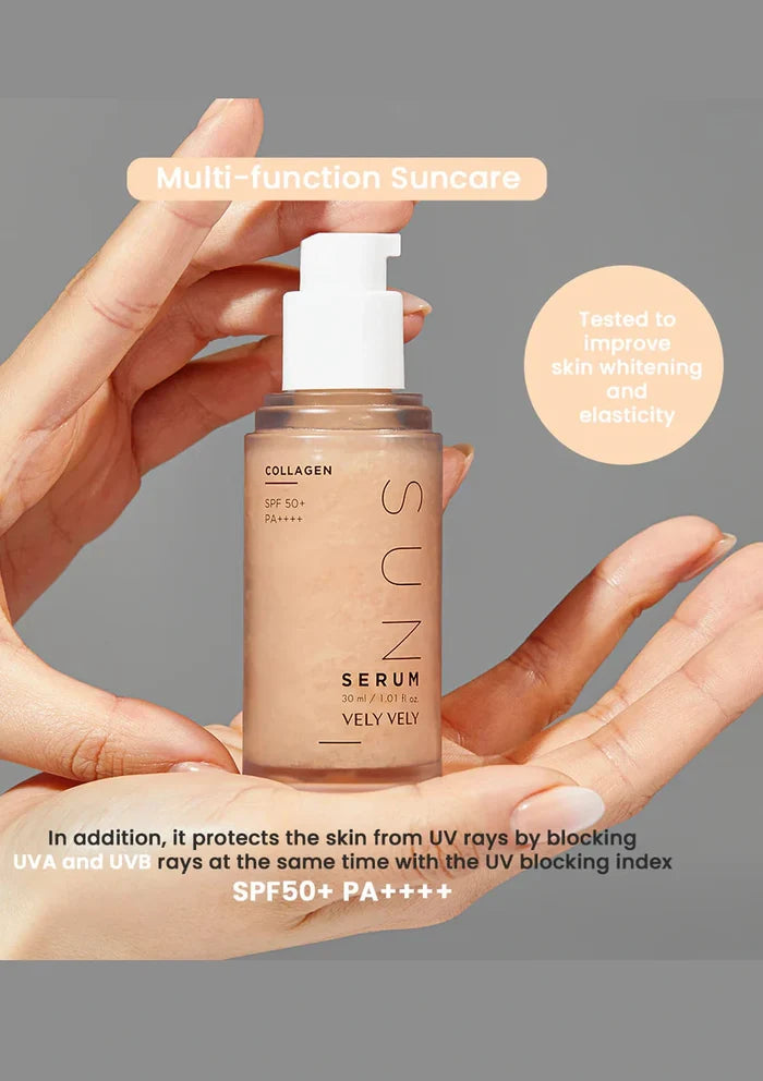 Hand holding a bottle of Vely Vely Sun Serum with text about multi-function sunscreen on a gray background.