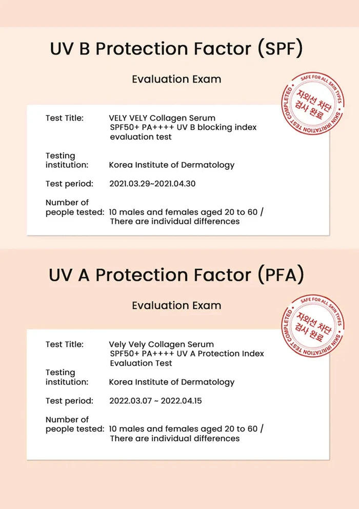 UV B and UV A protection factor evaluation exams for VELY VELY Collagen Serum with test details and institute stamp.