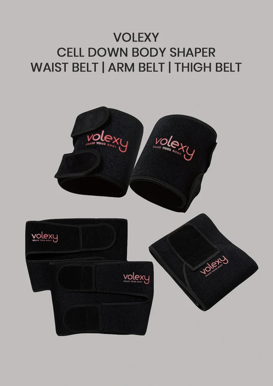 Black body shaper belts with 'volexy' branding on a gray background