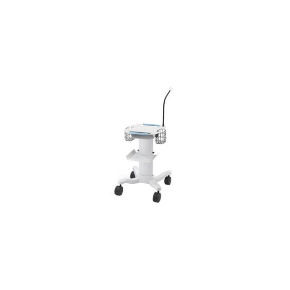 A white medical cart stands on four wheels. It features a flat surface, side baskets, and an adjustable arm. The cart is situated in a plain background.